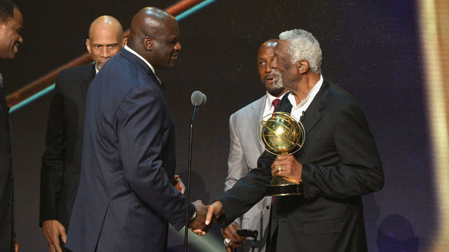 NEW YORK, NY - JUNE 26: (L-R) NBA legends David Robinson, Kareem Abdul-Jabbar, Shaquille O'Neal, Alonzo Mourning, and NBA Lifetime Achievement Award Winner Bill Russell speak onstage during the 2017 NBA Awards Live on TNT on June 26, 2017 in New York, New York. 27111_002
