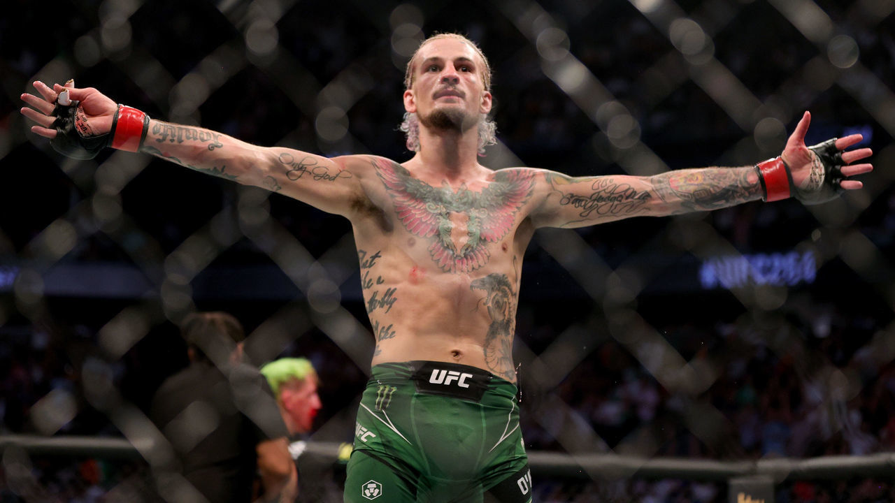 LAS VEGAS, NEVADA - JULY 10: Sean O'Malley celebrates after winning his bantamweight bout against Kris Moutinho by TKO in the third round during UFC 264: Poirier v McGregor 3 at T-Mobile Arena on July 10, 2021 in Las Vegas, Nevada.