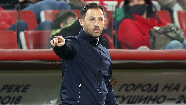 MOSCOW, RUSSIA APRIL 18, 2021: Spartak Moscow head coach Domenico Tedesco attends his team's 2020/2021 Russian Premier League Round 26 football match against FC Ufa at Otkritie Bank Arena; Ufa won 3-0. Sergei Bobylev/TASS