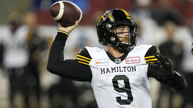 TORONTO, ON - SEPTEMBER 10: Dane Evans #9 of the Hamilton Tiger-Cats throws a pass against the Toronto Argonauts at BMO Field on September 10, 2021 in Toronto, Canada.