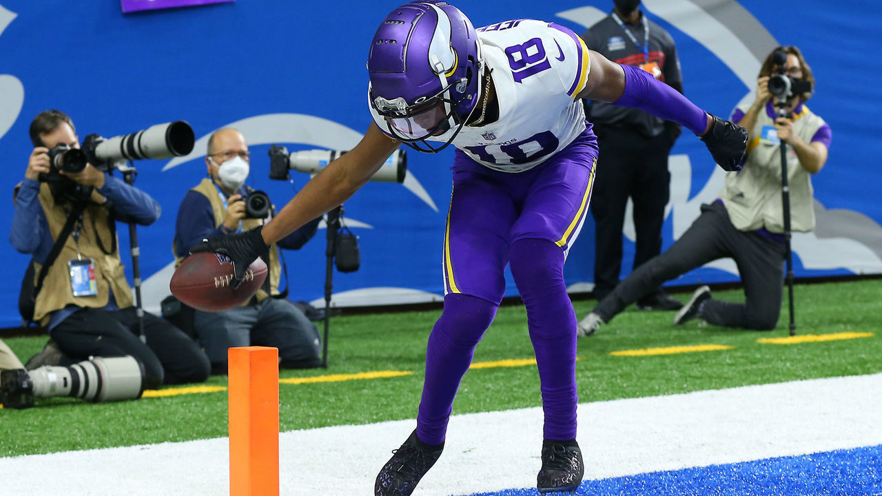 Minnesota Vikings wide receiver Justin Jefferson (18) celebrates after scoring a touchdown during the second half of an NFL football game against the Detroit Lions in Detroit, Michigan USA, on Sunday, December 5, 2021.