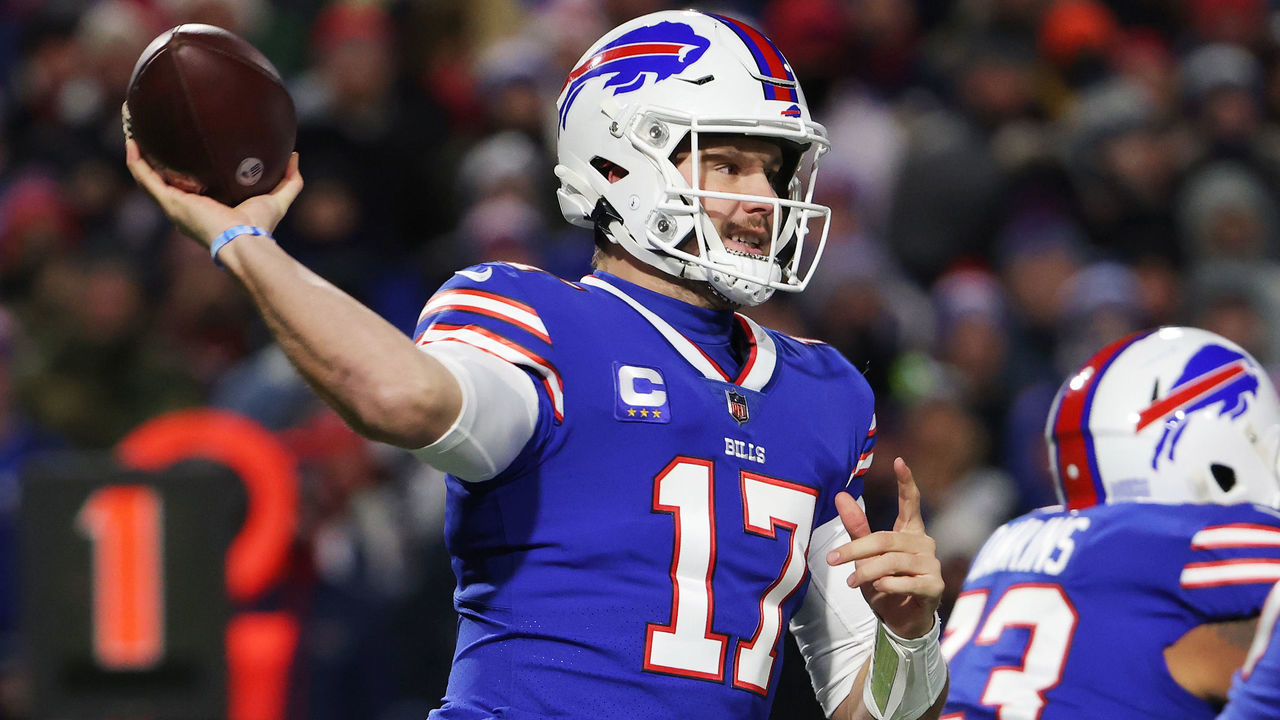ORCHARD PARK, NEW YORK - DECEMBER 06: Josh Allen #17 of the Buffalo Bills throws a pass during the first quarter against the New England Patriots at Highmark Stadium on December 06, 2021 in Orchard Park, New York.