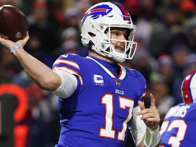 ORCHARD PARK, NEW YORK - DECEMBER 06: Josh Allen #17 of the Buffalo Bills throws a pass during the first quarter against the New England Patriots at Highmark Stadium on December 06, 2021 in Orchard Park, New York.