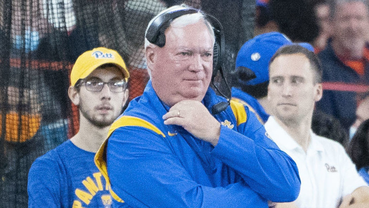 SYRACUSE, NY - NOVEMBER 27: Pittsburgh Panthers Offensive Coordinator Mark Whipple looks on from the sidelines during the first half of the College Football game between the Pittsburgh Panthers and the Syracuse Orange on November 27, 2021, at the Carrier Dome in Syracuse, NY.