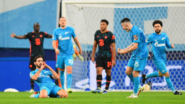 Zenit St. Petersburg's Russian midfielder Magomed Ozdoev celebrates after scoring their third goal during the UEFA Champions League group H football match between Zenit St. Petersburg and Chelsea at the Gazprom Arena stadium in Saint Petersburg on December 8, 2021.