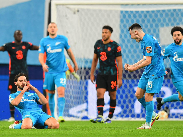 Zenit St. Petersburg's Russian midfielder Magomed Ozdoev celebrates after scoring their third goal during the UEFA Champions League group H football match between Zenit St. Petersburg and Chelsea at the Gazprom Arena stadium in Saint Petersburg on December 8, 2021.