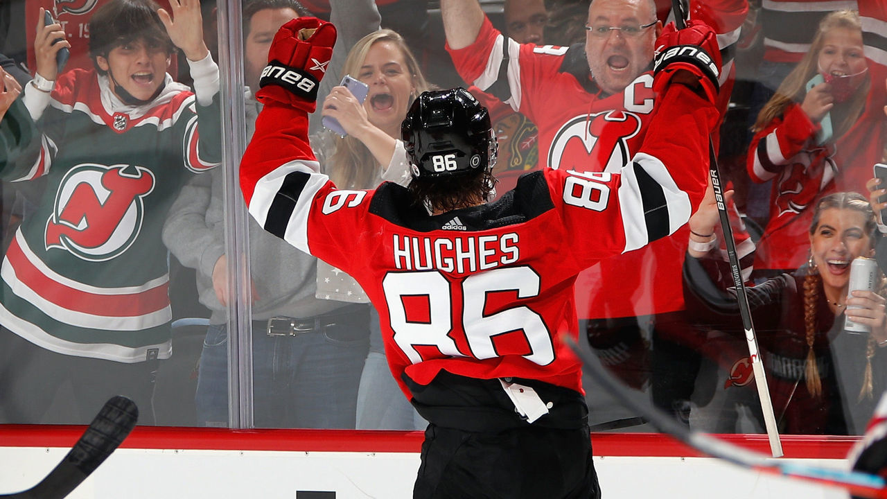 NEWARK, NEW JERSEY - OCTOBER 15: Jack Hughes #86 of the New Jersey Devils celebrates his goal at 17:58 of the second period against the Chicago Blackhawks at the Prudential Center on October 15, 2021 in Newark, New Jersey.