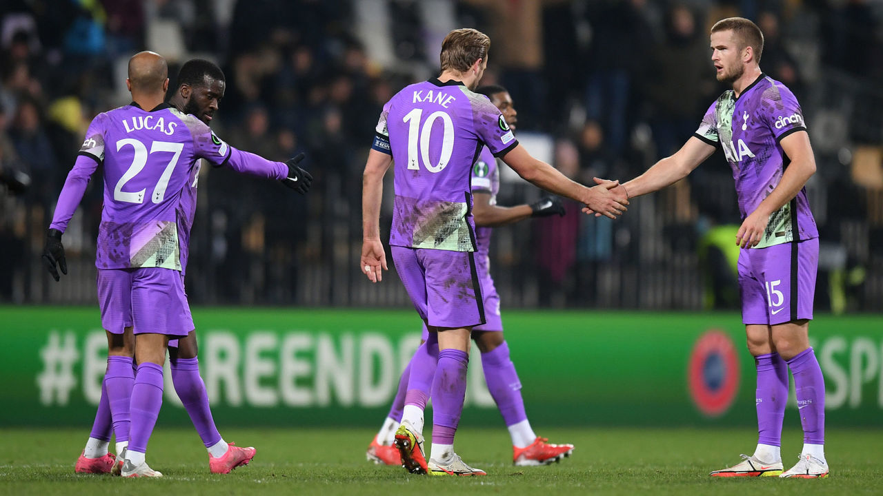 MURSKA SOBOTA, SLOVENIA - NOVEMBER 25: Harry Kane of Tottenham Hotspur celebrates with teammate Eric Dier after scoring their side's first goal during the UEFA Europa Conference League group G match between NS Mura and Tottenham Hotspur at Stadion Ljudski Vrt on November 25, 2021 in Maribor, Slovenia.