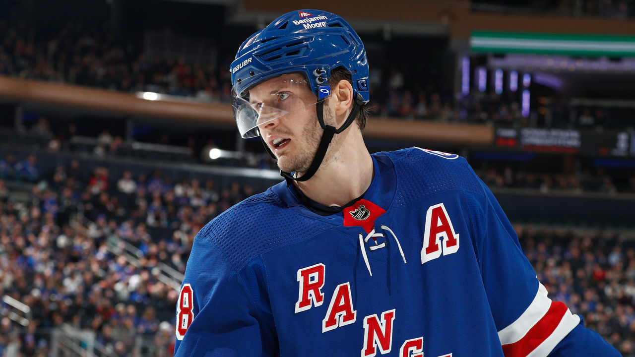 NEW YORK, NY - DECEMBER 04: Jacob Trouba #8 of the New York Rangers skates against the Chicago Blackhawks at Madison Square Garden on December 4, 2021 in New York City.