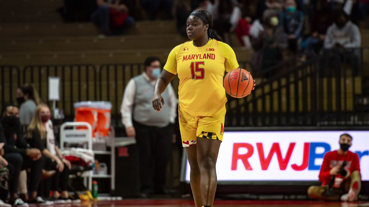 PISCATAWAY, NJ - DECEMBER 05: Maryland Terrapins guard Ashley Owusu (15) during the womens college basketball game between the Maryland Terrapins and Rutgers Scarlet Knights on December 5, 2021 at Jersey Mikes Arena in Piscataway, NJ