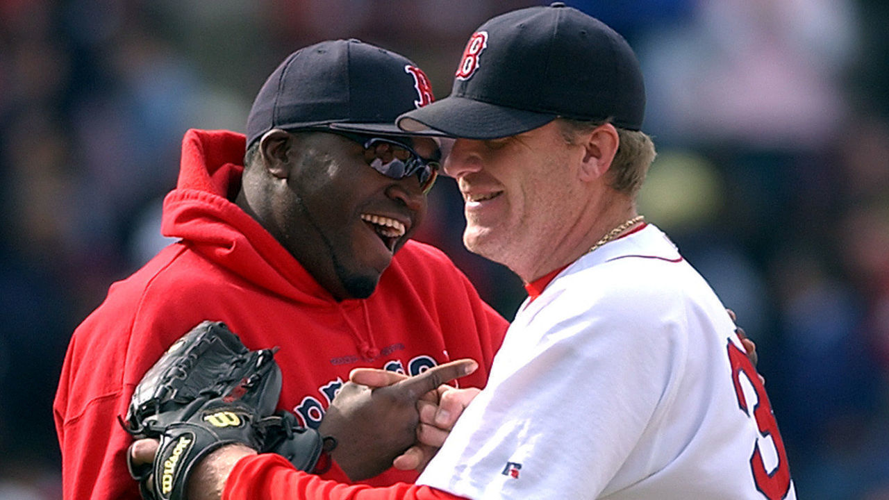 (05/08/2004 - Boston, MA) David Ortiz congratulates Curt Schilling at the end of the game at Fenway Park Saturday afternoon. (050804soxtb - Staff photo by Tara Bricking. Saved in sun)