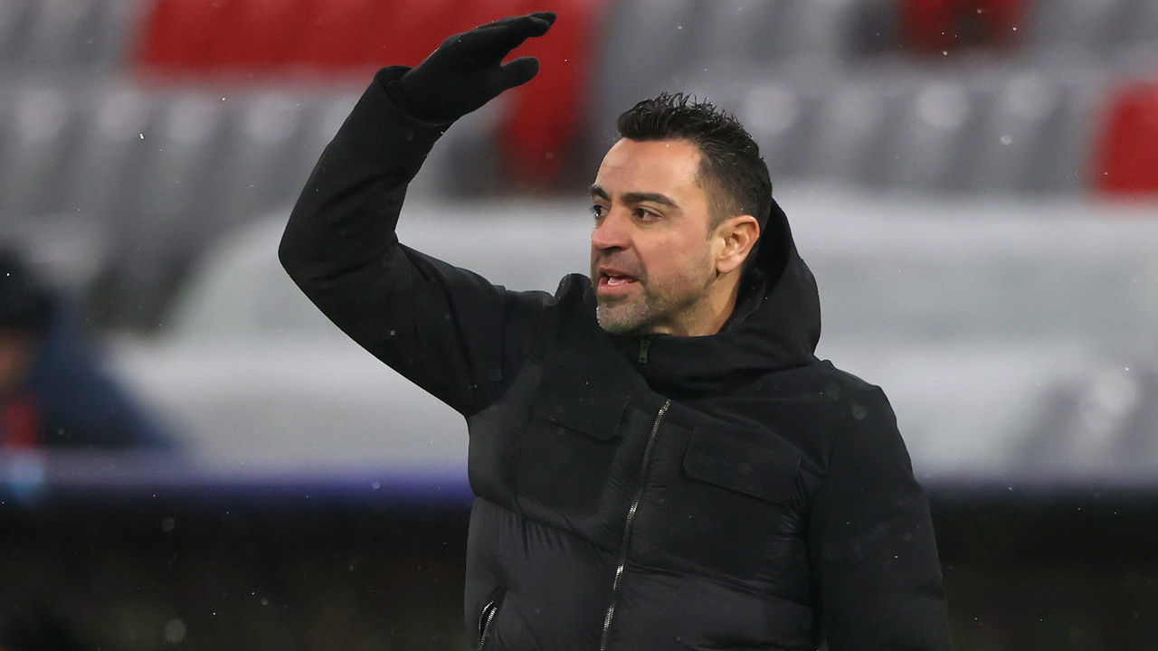 MUNICH, GERMANY - DECEMBER 08: Xavier Hernández i Creus, head coach of Barcelona gestures during the UEFA Champions League group E match between FC Bayern München and FC Barcelona at Football Arena Munich on December 08, 2021 in Munich, Germany.