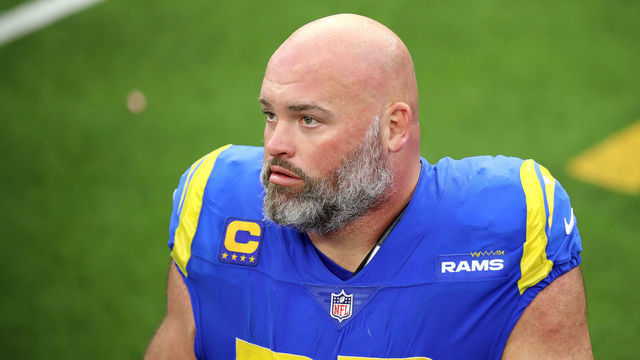 INGLEWOOD, CALIFORNIA - OCTOBER 24: Andrew Whitworth #77 of the Los Angeles Rams looks on after the game against the Detroit Lions at SoFi Stadium on October 24, 2021 in Inglewood, California.