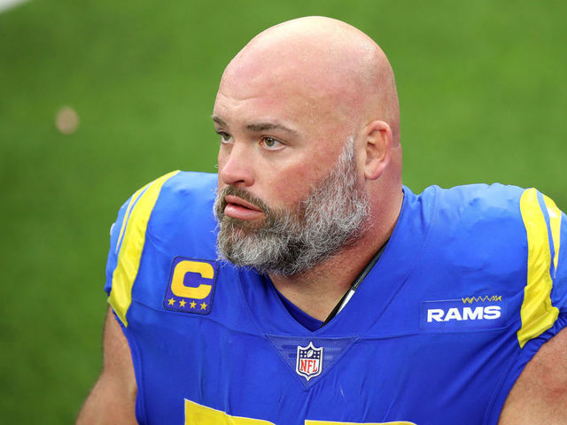 INGLEWOOD, CALIFORNIA - OCTOBER 24: Andrew Whitworth #77 of the Los Angeles Rams looks on after the game against the Detroit Lions at SoFi Stadium on October 24, 2021 in Inglewood, California.