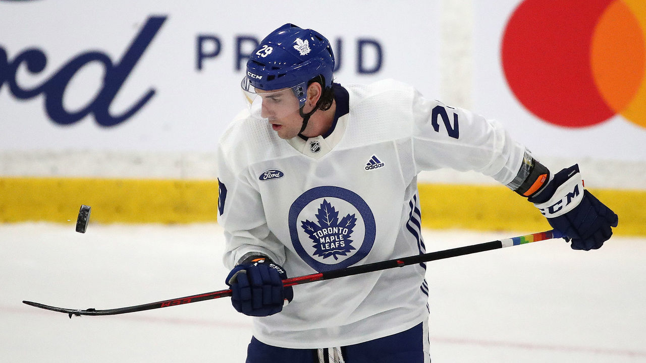 Toronto, ON- September 23 - Kurtis Gabriel juggles a puck as the Toronto Maple Leafs open their training camp at Ford Performance Centre in Toronto. September 23, 2021. (Steve Russell/Toronto Star via Getty Images)