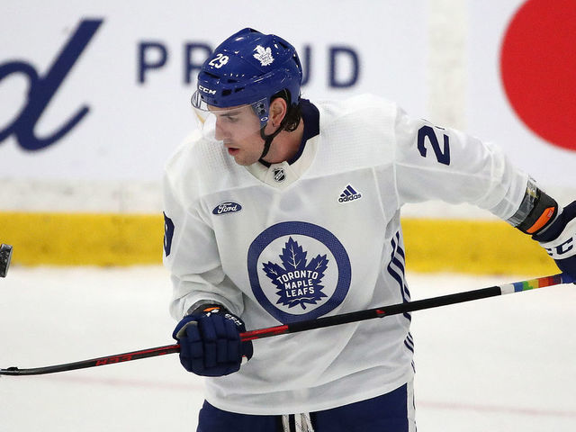 Toronto, ON- September 23 - Kurtis Gabriel juggles a puck as the Toronto Maple Leafs open their training camp at Ford Performance Centre in Toronto. September 23, 2021. (Steve Russell/Toronto Star via Getty Images)