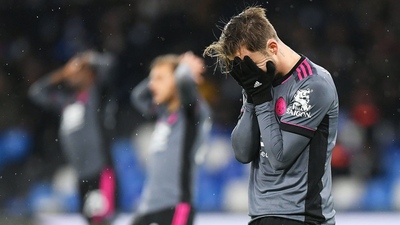 NAPLES, ITALY - DECEMBER 09: James Maddison of Leicester City reacts after SSC Napoli score their third goal during the UEFA Europa League group C match between SSC Napoli and Leicester City at Stadio Diego Armando Maradona on December 09, 2021 in Naples, Italy.