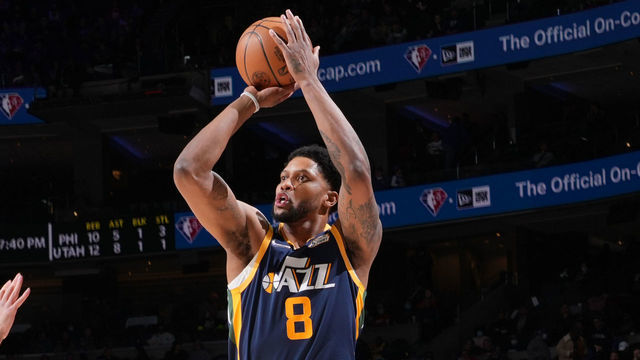 PHILADELPHIA, PA - DECEMBER 9: Rudy Gay #8 of the Utah Jazz shoots a three-pointer against the Philadelphia 76ers on December 9, 2021 at Wells Fargo Center in Philadelphia, Pennsylvania. NOTE TO USER: User expressly acknowledges and agrees that, by downloading and/or using this Photograph, user is consenting to the terms and conditions of the Getty Images License Agreement. Mandatory Copyright Notice: Copyright 2021 NBAE
