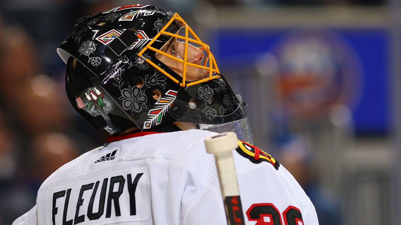 ELMONT, NEW YORK - DECEMBER 05: Marc-Andre Fleury #29 of the Chicago Blackhawks in action against the New York Islanders at UBS Arena on December 05, 2021 in Elmont, New York.