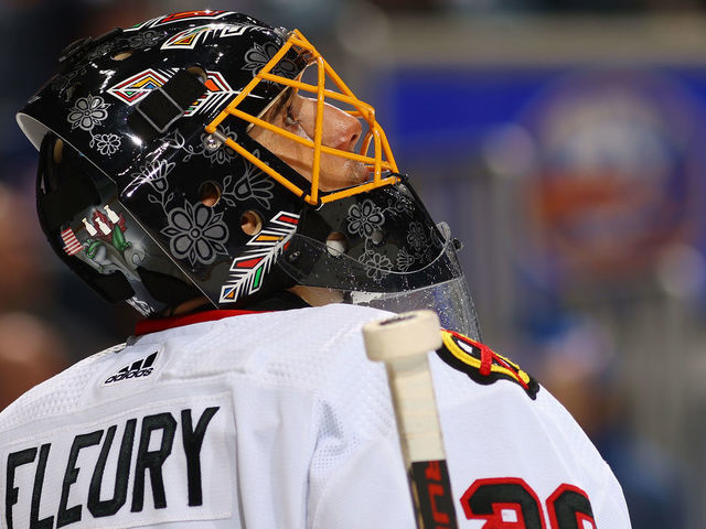 ELMONT, NEW YORK - DECEMBER 05: Marc-Andre Fleury #29 of the Chicago Blackhawks in action against the New York Islanders at UBS Arena on December 05, 2021 in Elmont, New York.
