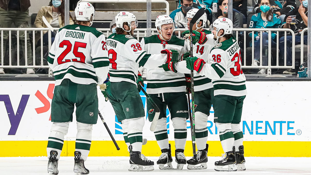 SAN JOSE, CA - DECEMBER 9: Joel Ericsson Ek #14 celebrates with his teammates after scoring a second period goal against San Jose Sharks during a regular season game at SAP Center on December 9, 2021 in San Jose, California.