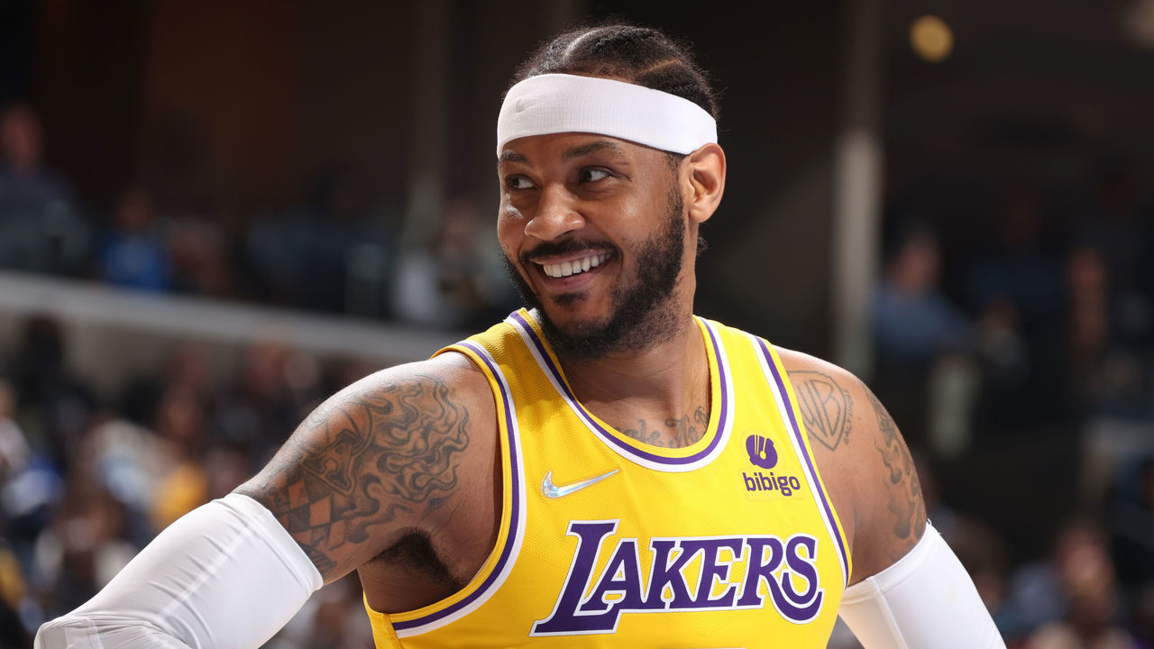 TENNESSEE, TN - DECEMBER 9: Carmelo Anthony #7 of the Los Angeles Lakers looks on during the game against the Memphis Grizzlies on December 9, 2021 at FedExForum in Memphis, Tennessee. Mandatory Copyright Notice: Copyright 2021 NBAE