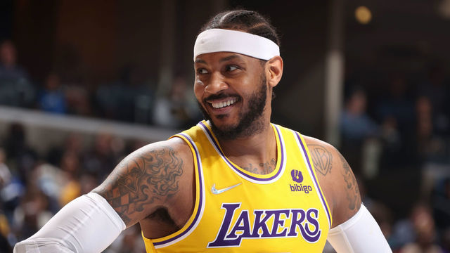 TENNESSEE, TN - DECEMBER 9: Carmelo Anthony #7 of the Los Angeles Lakers looks on during the game against the Memphis Grizzlies on December 9, 2021 at FedExForum in Memphis, Tennessee. Mandatory Copyright Notice: Copyright 2021 NBAE