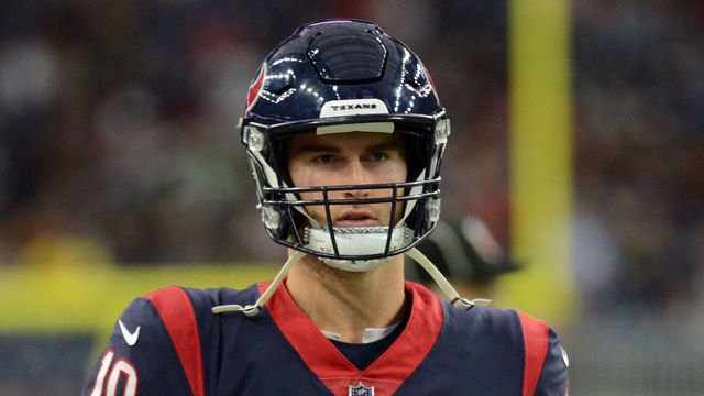 HOUSTON, TX - NOVEMBER 28: Houston Texans QB Davis Mills warms up prior to game featuring the Houston Texans and the New York Jets on November 28, 2021 at NRG Stadium in Houston, TX.
