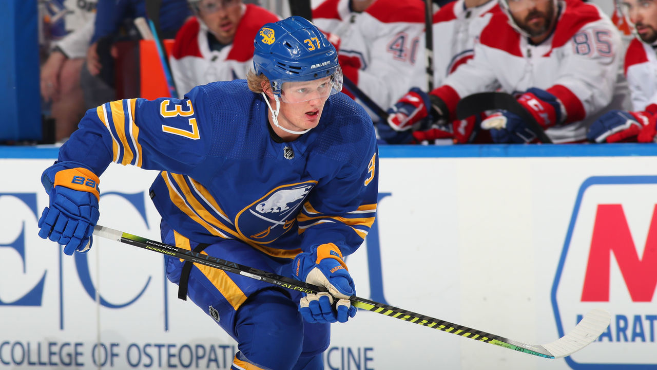 BUFFALO, NY - OCTOBER 14: Casey Mittelstadt #37 of the Buffalo Sabres skates against the Montreal Canadiens during an NHL game on October 14, 2021 at KeyBank Center in Buffalo, New York.