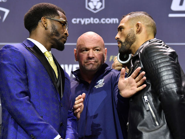 LAS VEGAS, NEVADA - DECEMBER 09: (L-R) Opponents Geoff Neal and Santiago Ponzinibbio of Argentina face off during the UFC 269 press conference at MGM Grand Garden Arena on December 09, 2021 in Las Vegas, Nevada.