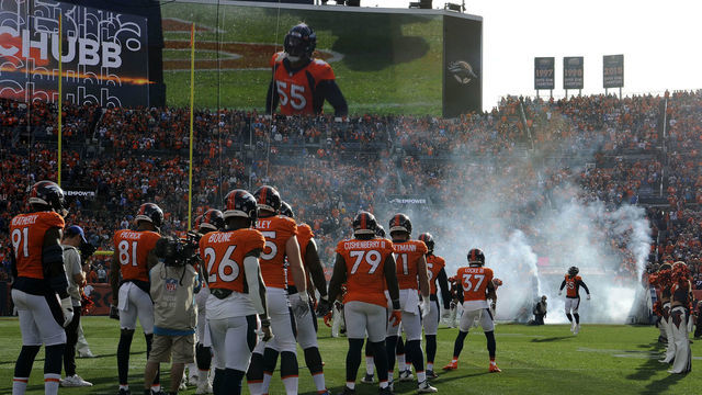 DENVER, CO - NOVEMBER 28: Denver Broncos Linebacker Bradley Chubb (55) is introduced before the NFL game between the Los Angeles Chargers and the Denver Broncos on November 28, 2021, at Empower Field at Mile High in Denver, Colorado.