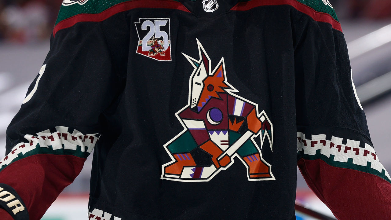 GLENDALE, ARIZONA - JANUARY 22: Detail of the Arizona Coyotes logo during the NHL game against the Vegas Golden Knights at Gila River Arena on January 22, 2021 in Glendale, Arizona. The Coyotes defeated the Golden Knights 5-2.