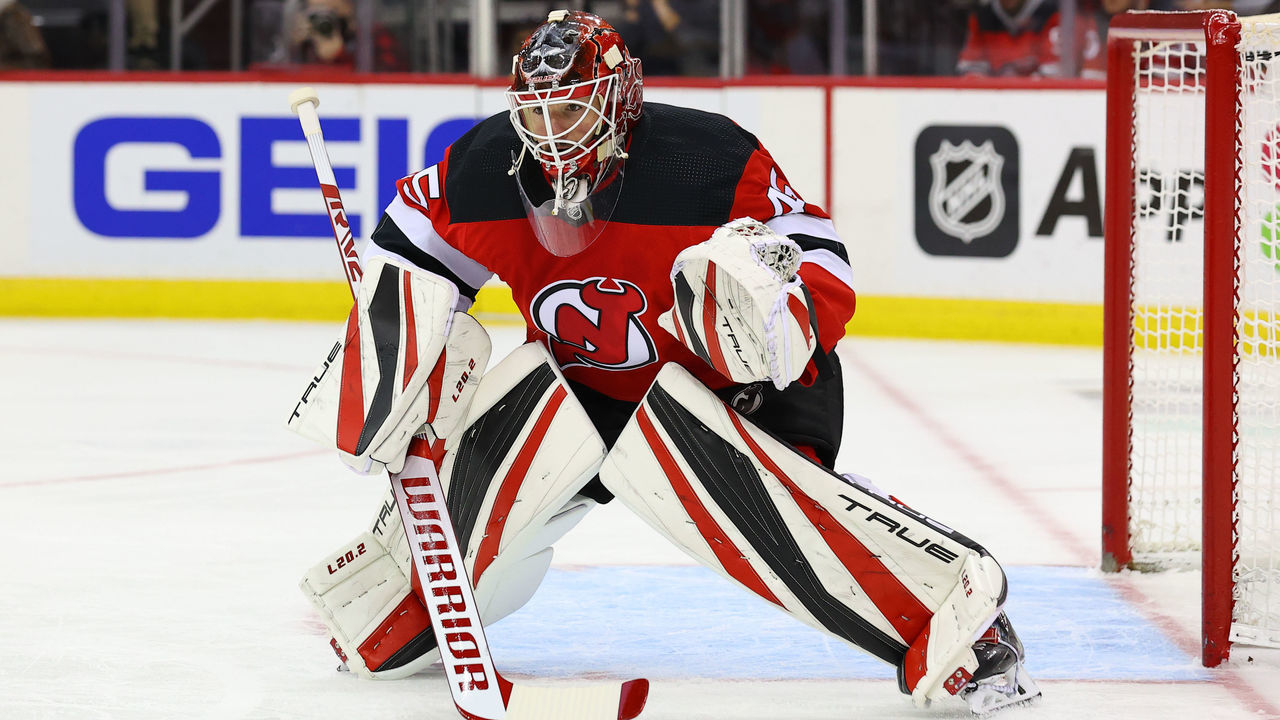 NEWARK, NJ - NOVEMBER 13: New Jersey Devils goaltender Jonathan Bernier (45) during the thitrd period of the National Hockey League game between the New Jersey Devils and the Boston Bruins on November 13, 2021 at the Prudential Center in Newark, NJ.