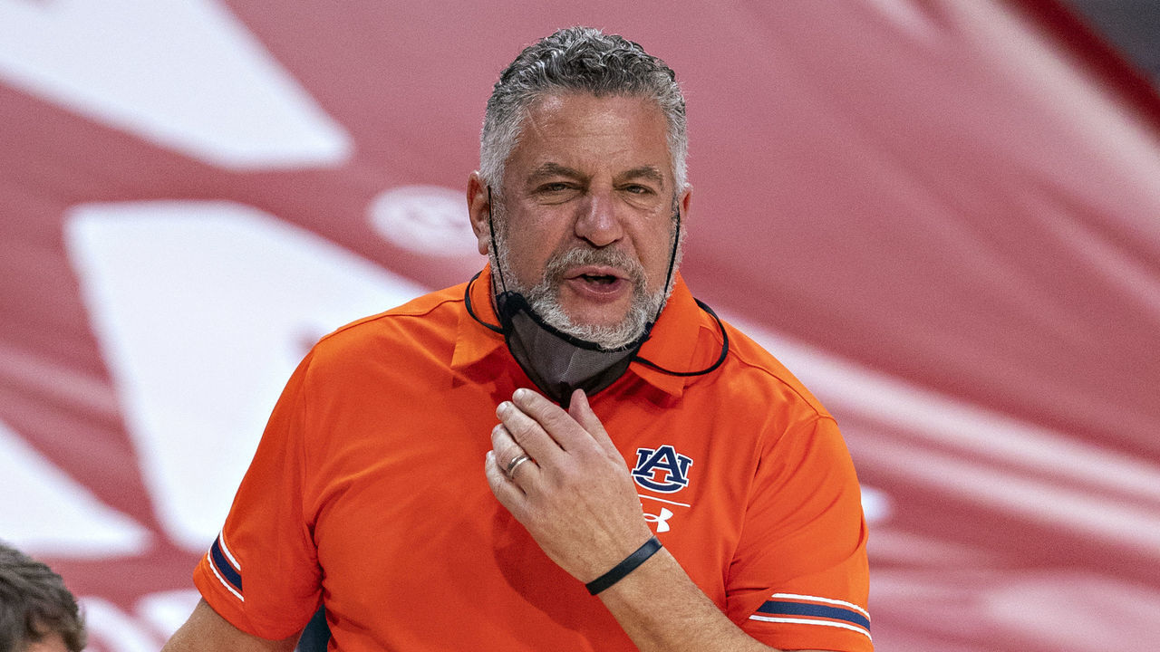 FAYETTEVILLE, ARKANSAS - JANUARY 20: Head coach Bruce Pearl of the Auburn Tigers yells to his team in the first half of the game against the Arkansas Razorbacks at Bud Walton Arena on January 20, 2021 in Fayetteville, Arkansas.