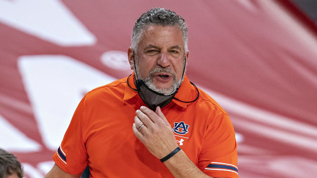 FAYETTEVILLE, ARKANSAS - JANUARY 20: Head coach Bruce Pearl of the Auburn Tigers yells to his team in the first half of the game against the Arkansas Razorbacks at Bud Walton Arena on January 20, 2021 in Fayetteville, Arkansas.
