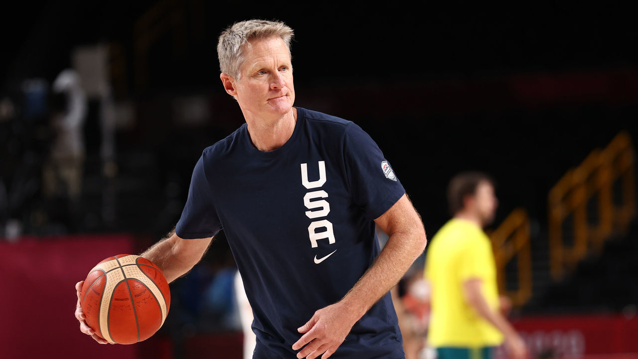 TOKYO, JAPAN - AUGUST 5: Assistant Coach Steve Kerr of the USA Men's National Team looks on before the game against the Australia Men's National Team during the 2020 Tokyo Olympics on August 5, 2021 at the Super Saitama Arena in Tokyo, Japan. Mandatory Copyright Notice: Copyright 2021 NBAE