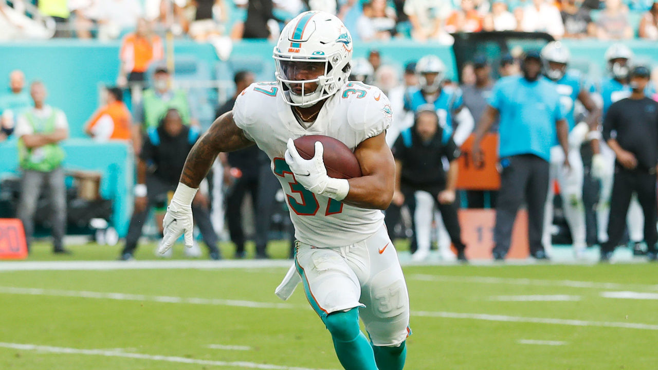 MIAMI GARDENS, FLORIDA - NOVEMBER 28: Myles Gaskin #37 of the Miami Dolphins during their game against the Carolina Panthers at Hard Rock Stadium on November 28, 2021 in Miami Gardens, Florida.