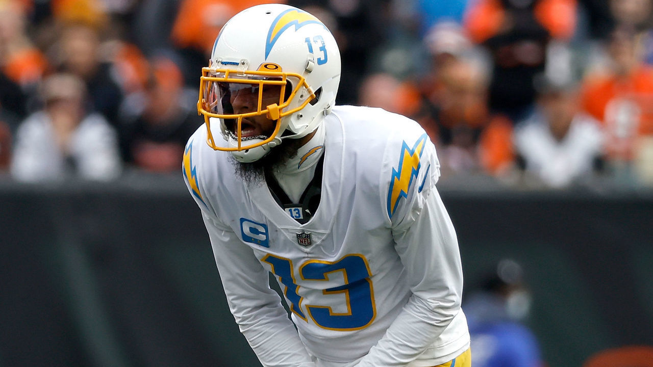 CINCINNATI, OH - DECEMBER 05: Keenan Allen #13 of the Los Angeles Chargers lines up for a play during the game against the Cincinnati Bengals at Paul Brown Stadium on December 5, 2021 in Cincinnati, Ohio.