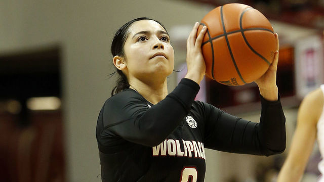 BLOOMINGTON, IN - DECEMBER 02: NC State Wolfpack guard Raina Perez (2) goes up with her shot during a womens college basketball game between the NC State Wolfpack and Indiana Hoosiers on December 02, 2021 at Assembly Hall in Bloomington, IN.