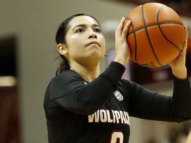 BLOOMINGTON, IN - DECEMBER 02: NC State Wolfpack guard Raina Perez (2) goes up with her shot during a womens college basketball game between the NC State Wolfpack and Indiana Hoosiers on December 02, 2021 at Assembly Hall in Bloomington, IN.