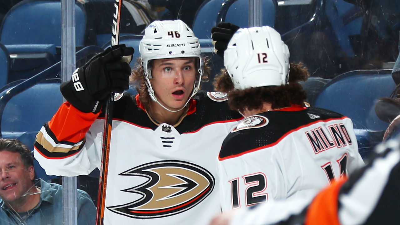 BUFFALO, NY - DECEMBER 7: Trevor Zegras #46 reacts to his behind the net pass assisting on a second period goal by Sonny Milano #12 of the Anaheim Ducks during an NHL game against the Buffalo Sabres on December 7, 2021 at KeyBank Center in Buffalo, New York.
