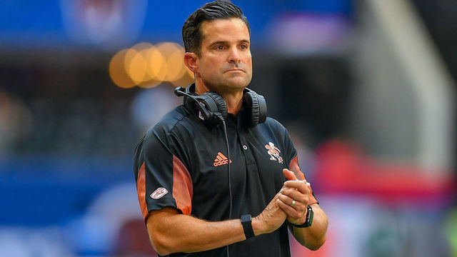 ATLANTA, GA SEPTEMBER 04: Miami head coach Manny Diaz on the sideline during the Chick-fil-A Kick-Off Game between the Miami Hurricanes and the Alabama Crimson Tide on September 4th, 2021 at Mercedes-Benz Stadium in Atlanta, GA.