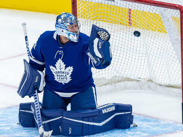 TORONTO, ON - NOVEMBER 02: Toronto Maple Leafs Goalie Petr Mrazek (35) tends the net during warmups before the NHL regular season game between the Vegas Golden Knights and the Toronto Maple Leafs on November 2, 2021, at Scotiabank Arena in Toronto, ON, Canada.