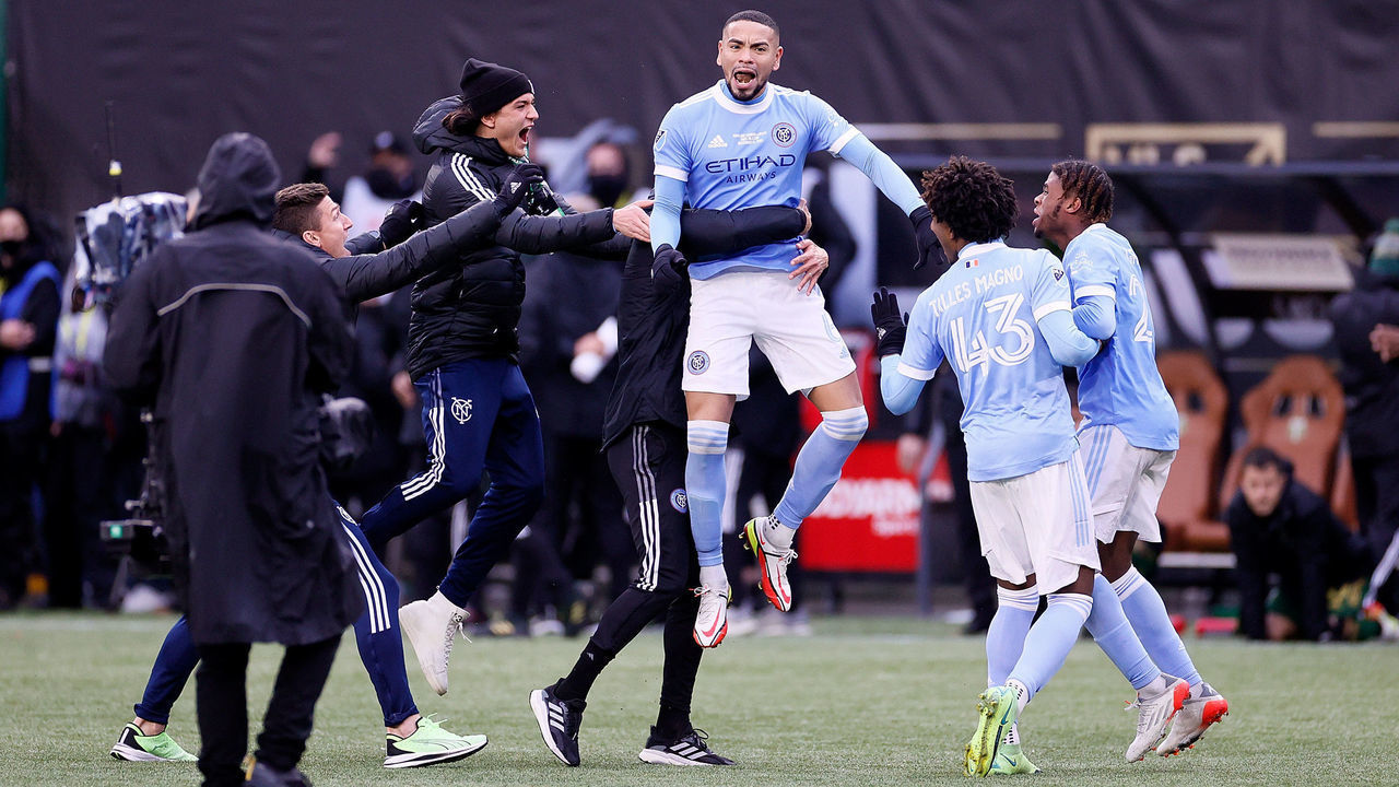 PORTLAND, OREGON - DECEMBER 11: Alexander Callens #6 of New York City celebrates after converting a penalty kick to win the 2021 MLS Cup final against the Portland Timbers at Providence Park on December 11, 2021 in Portland, Oregon.