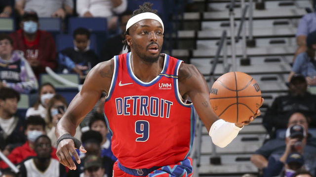 NEW ORLEANS, LA - DECEMBER 10: Jerami Grant #9 of the Detroit Pistons handles the ball during the game against the New Orleans Pelicans on December 10, 2021 at the Smoothie King Center in New Orleans, Louisiana. Mandatory Copyright Notice: Copyright 2021 NBAE