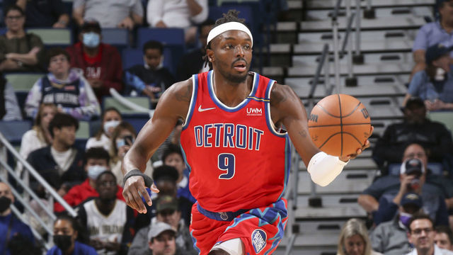 NEW ORLEANS, LA - DECEMBER 10: Jerami Grant #9 of the Detroit Pistons handles the ball during the game against the New Orleans Pelicans on December 10, 2021 at the Smoothie King Center in New Orleans, Louisiana. Mandatory Copyright Notice: Copyright 2021 NBAE