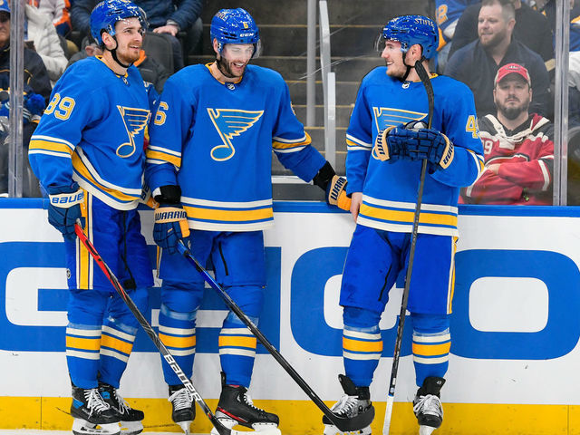 ST. LOUIS, MO - DECEMBER 11: St. Louis Blues left wing Pavel Buchnevich (89), defenseman Marco Scandella (6) and center Ivan Barbashev (49) have a laugh along the boards during a stoppage in play during a game between the Montreal Canadians and the St. Louis Blues on December 11, 2021, at the Enterprise Center in St. Louis MO