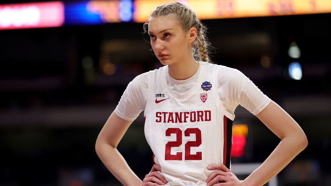 SAN ANTONIO, TEXAS - APRIL 04: Cameron Brink #22 of the Stanford Cardinals reacts against the Arizona Wildcats in the National Championship game of the 2021 NCAA Women's Basketball Tournament at the Alamodome on April 04, 2021 in San Antonio, Texas.