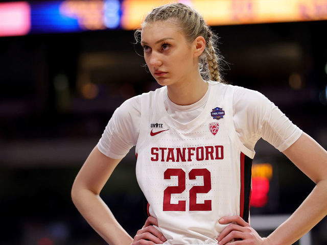 SAN ANTONIO, TEXAS - APRIL 04: Cameron Brink #22 of the Stanford Cardinals reacts against the Arizona Wildcats in the National Championship game of the 2021 NCAA Women's Basketball Tournament at the Alamodome on April 04, 2021 in San Antonio, Texas.