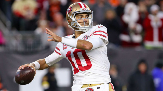 CINCINNATI, OH - DECEMBER 12: San Francisco 49ers quarterback Jimmy Garoppolo (10) passes the ball during the game against the San Francisco 49ers and the Cincinnati Bengals on December 12, 2021, at Paul Brown Stadium in Cincinnati, OH.